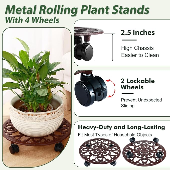 3 Packs 14 Inch Rolling Plant Stand with Wheels Metal Plant Caddy with Wheels Heavy Duty Round Plant Stand Indoor Iron Plants Rollers for Plants, Plant Dolly Brown