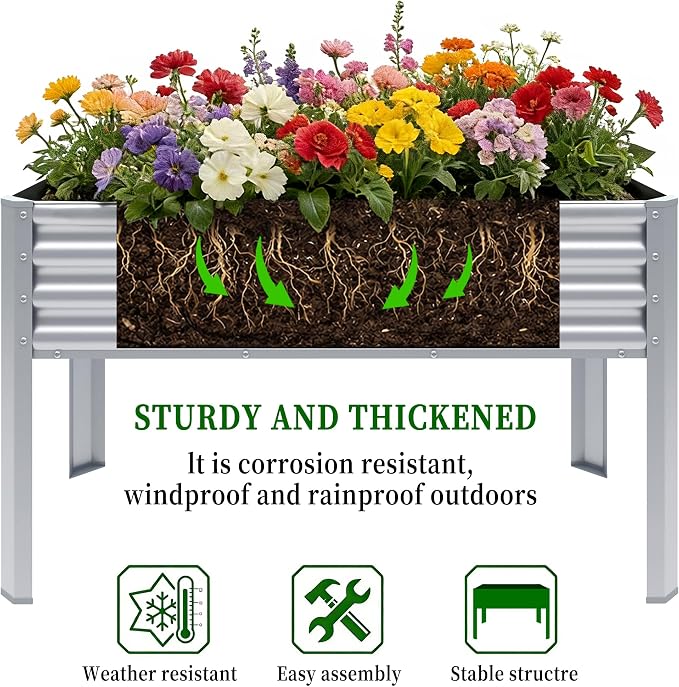 2Pcs Galvanized Raised Garden Bed with Legs, 43×24×32in Large Metal Elevated Raised Planter Box with Drainage Holes for Backyard, Patio, Balcony, 400lb Capacity,Sliver