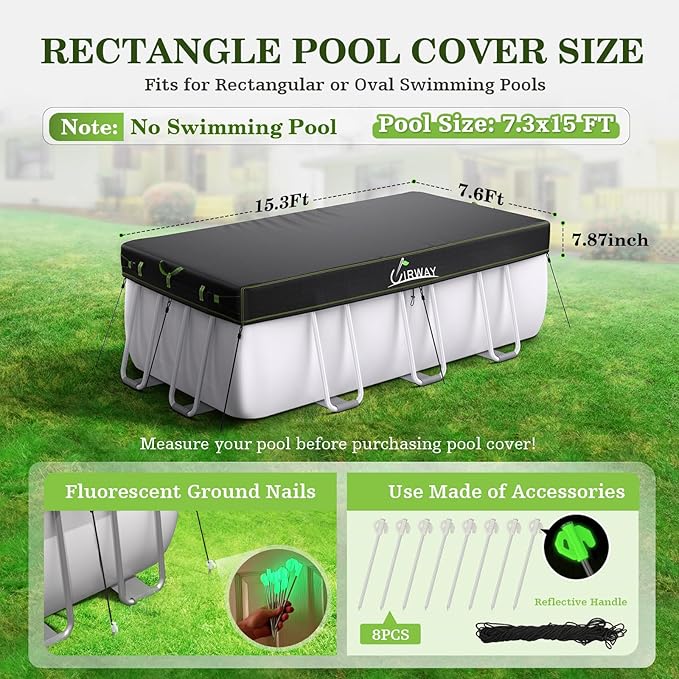 UIRWAY 7.3x15 FT Rectangular Pool Cover with Reflective Strips, Swimming Pool Cover for Above Ground Pool, Solar Cover Including Rope Tie and Luminous Ground Nails for Rectangular or Oval Pools