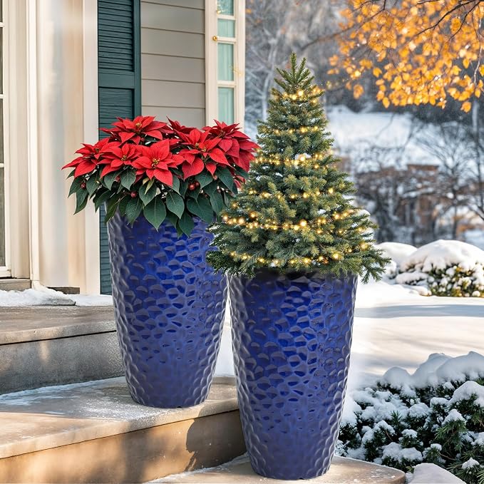 23.75" H Large Tall Outdoor Planters, Set of 2 Plastic Large Flower Pots for Outdoor Plants, Gradient Cobalt Blue Honeycomb Textured, Weather-Resistant for Porch, Garden, Patio or Indoor Use