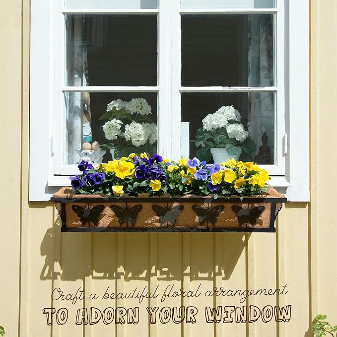 Window Box Railing, 24IN Black Metal Hanging Flower Planter Basket with Coco Liner for Outdoor Balcony Porch Fence Patio for Home, Office and Hotel (Black - 2 Pcs/Set)