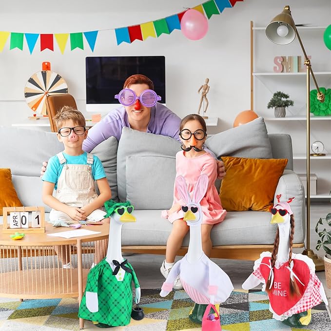 3 Sets Seasonal Porch Goose Outfits with Braid Wig Sunglasses Valentine St. Patrick Easter Bunny Festivals Lawn Goose Clothing Costume Set for 23“ Outdoor Yard Garden Patio Lawn Holiday Decorations