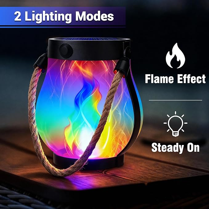 iBaycon 2 Pack Solar Lanterns Lights, Christmas Flickering Flame Garden Lights with 2 Modes Dual Charging USB & Solar, Outdoor Waterproof Hanging Lantern for Holiday Christmas Decor (Multicolor)