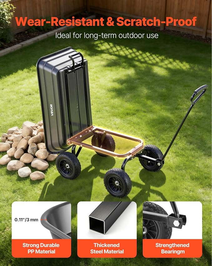 VEVOR 4 Cu.Ft 600LBS Poly Garden Cart Dump Wagon, 4 Wheel Heavy Duty Wheelbarrow with 10" Flat Free Tires, Yard Cart Dump Wagon with Quick-Release System