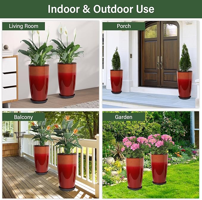 Neoaider Set of 2 Lightweight Ceramic-Look Tall Planter, 21 inch Large Plastic Planter with Drain Hole & Saucers, Large Outdoor Planters for Porch, Garden, Patio, Balcony(Fiery Red)