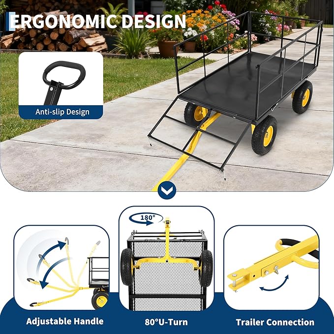 Heavy Duty 1500 Lbs Capacity Mesh Steel Garden Cart Folding Utility Wagon with Removable Sides, Garden Cart on Wheels for Gardening Soil, Tools, and Plant Transport