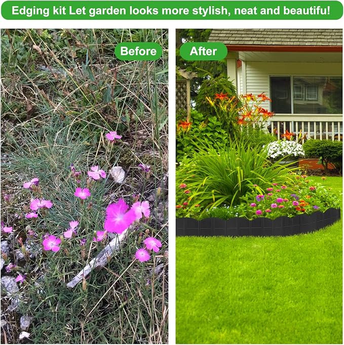 50ft Black Garden Edging Border, 50Pcs Landscape Edging with 50Pcs Stakes for Lawn, Flower Bed, Yard