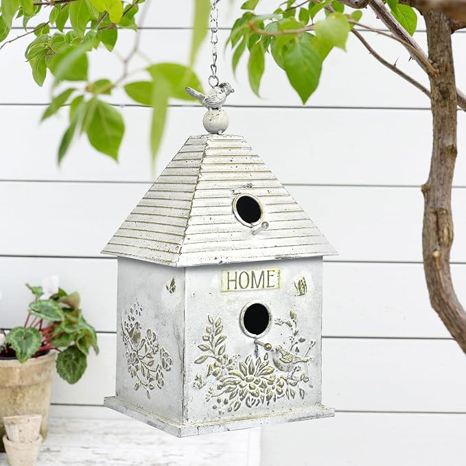 Vintage Metal Hanging Birdhouse, Home Decorative Bird House with Floral & Bird Accents, Weathered White Bird Home, Ideal for Outdoor Garden Decor