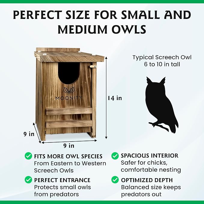 MOONITY Fire-Treated Cedar Owl House Bundle – 16"x12"x12" & 14"x9"x9" Nesting Box Set for Barn, Screech, Kestrel & More – Weatherproof, Predator-Safe & Easy to Install