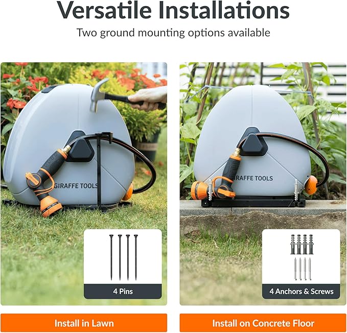 Giraffe Tools Retractable Hose Reel with 1/2 Inch x 100FT, Heavy Duty Ground Mount Garden Hose Reel, Automatic Rewind,with 9-Function Sprayer Nozzle & Flexible Swivel Base
