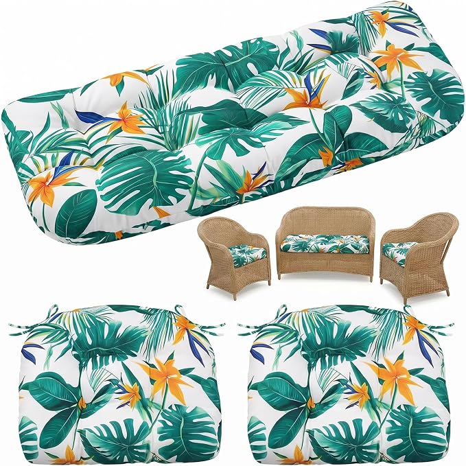 1 MIDDLE ONE Wicker Chair Cushions 3 Pieces Set for Outdoor Furniture, Replacement Patio Wicker Furniture Cushions, 1Pc Loveseat Cushion & 2Pcs Chair Cushions (Tropical Monstera)