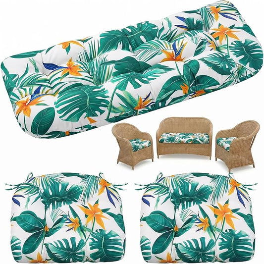 1 MIDDLE ONE Wicker Chair Cushions 3 Pieces Set for Outdoor Furniture, Replacement Patio Wicker Furniture Cushions, 1Pc Loveseat Cushion & 2Pcs Chair Cushions (Tropical Monstera)