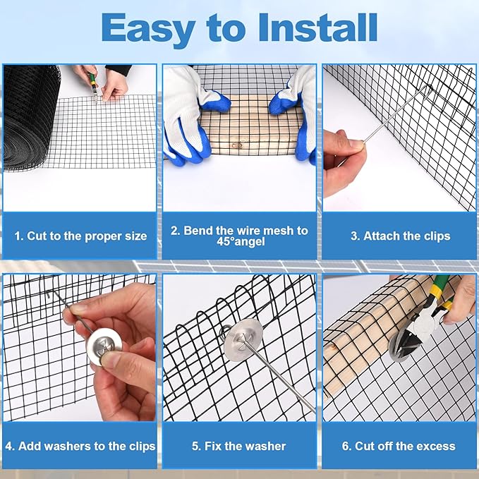 INCIKITI Solar Panel Bird Guard 6in x 50ft PVC Coated Solar Panel Bird Guard Mesh 1/2" Critter Guard with 50 Fastener Clips, 20 Tie Wire, Cutting Scissor, Gloves