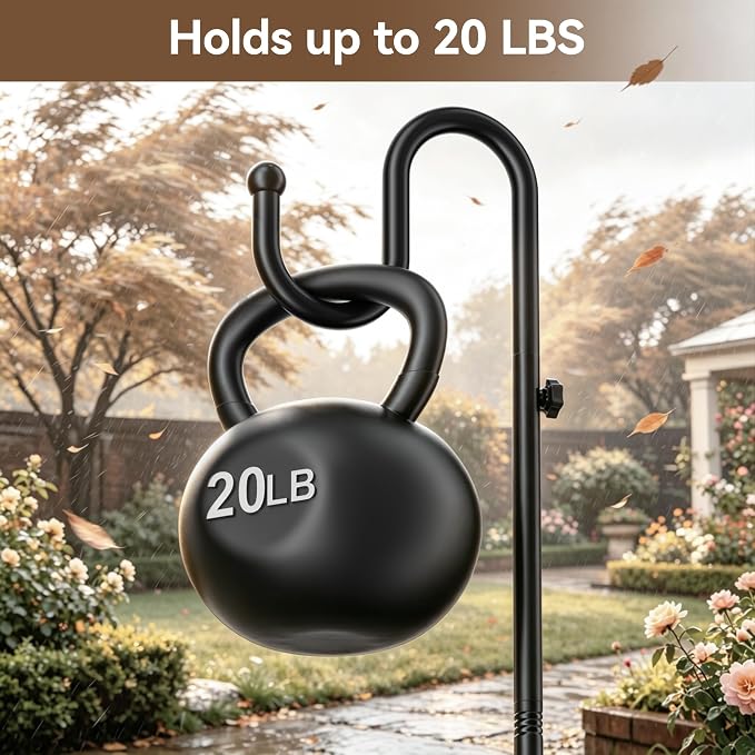 74" Shepherds Hook Stand, Adjustable Wind Chime Stand with Heavy Duty Base, Free Standing Plant Hanger Pole for Bird Feeders, Lanterns, Wreaths & Plants, Indoor Outdoor, Holds Up to 20 LBS, Black