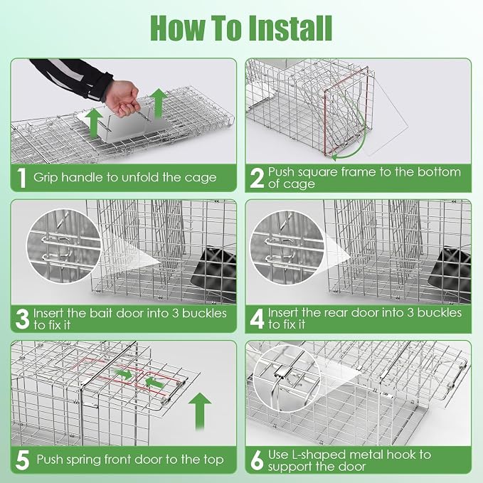 TeqHome Live Animal Trap Cage with Cover, 31"x12"x12" Large Foldable Galvanized Steel Humane Cat Trap, Heavy Duty Metal Raccoon Traps for Stray Cats Opossums Groundhogs Skunks Squirrels Chipmunks Mole