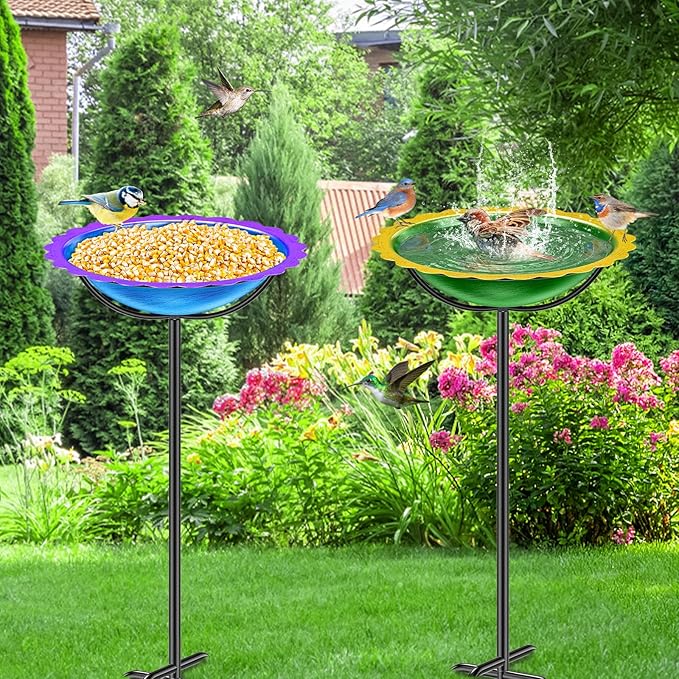 Metal Bird Bath for Outside, Garden Birdbath Bowl Freestanding Bird Feeders for Outdoors with 4 Prongs Base Stake, Standing Birdfeeders for Yard Lawn Decor (Blue Purple)