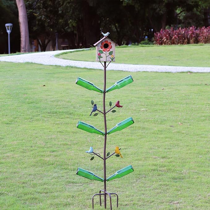 58" H Multifunctional Metal Bird House Glass Bottle Tree Stake for Outdoor Colorful Garden Decorative Bottle Holder & Outdoor