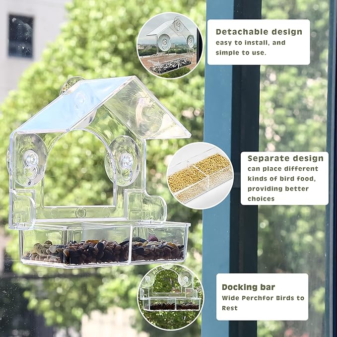 2PCS Window Bird Feeder with 4 Extra Strong Suction Cups, Clear Birdfeeders Bird House for Outdoors Window Viewing Outside, Removable Tray Birdhouse