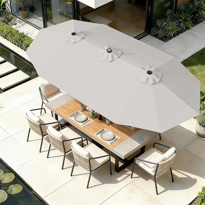 AreShark 13 FT Patio Umbrella with Solar Lights, Double-Sided Outdoor Table Umbrellas with Crank, Large Rectangular Market Umbrella for Porch, Lawn, Pool, Backyard, Light Gray