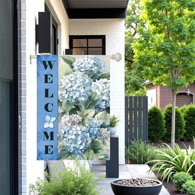 Hydrangea Garden Flags Welcome Spring Summer House Banners Blue Floral Oversized Yard Flag for Outside Double Side Purple Hydrangeas Flowers Rustic Banner Decor Large Size 28 x 40 Inch