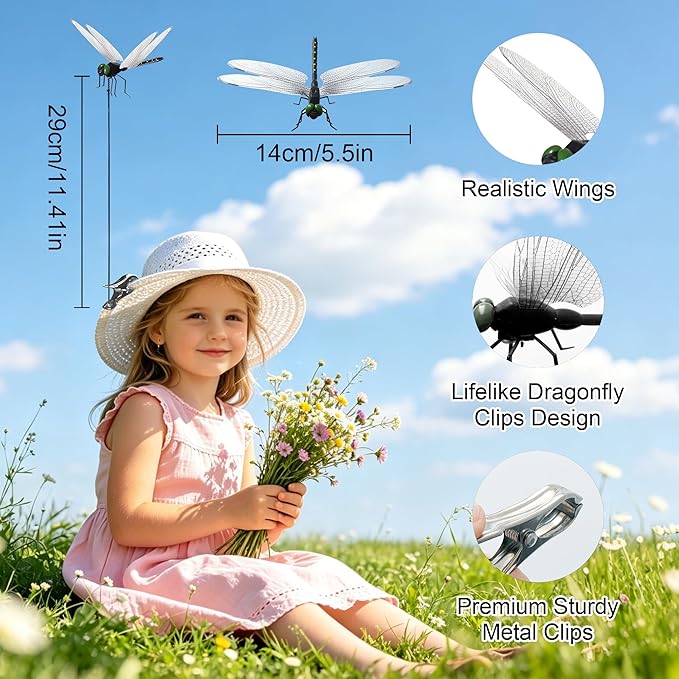 16Pcs Dragonfly Clip, Black DIY Dragon Fly Clips, Fake Dragonfly Garden Outdoor Decor, Plastic Dragon Fly Plant Pot Decorations with Pliers & Clips-Large