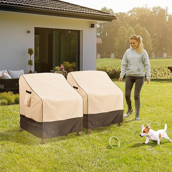 KylinLucky Heavy Duty Patio Chair Covers 2-Pack 33"Wx35"Dx38.5"H, Waterproof High Back Outdoor Chair Covers with Liner & Adjustable Fit, Set of 2 Khaki
