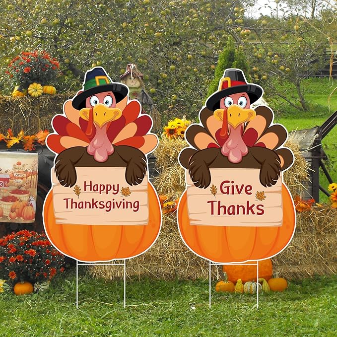 Large Thanksgiving Yard Signs 2pc with Stakes Turkey Pumpkins Give Thanks Happy Thanksgiving Decorations Outdoor Harvest Garden Signs Seasonal Holiday Party Supplies Lawn Yard Decorations