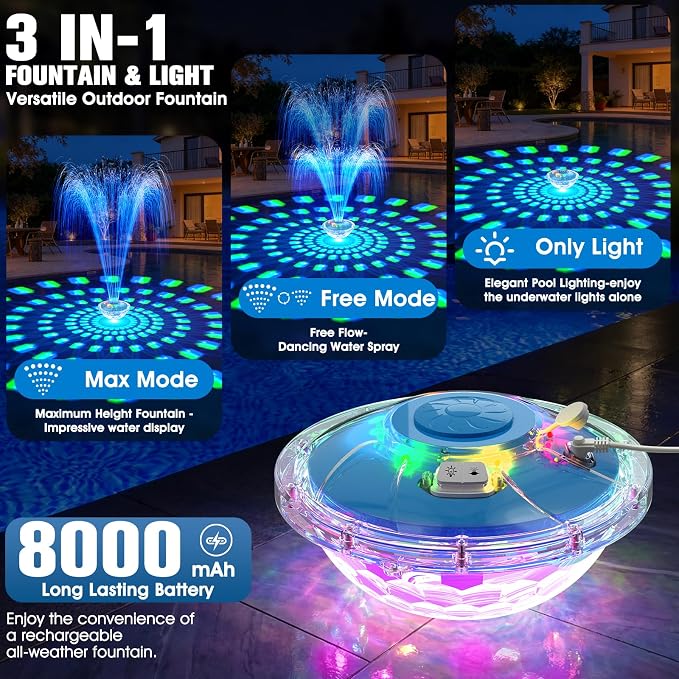 8000mAh Rechargeable Pool Fountain with Lights,2026 Floating Pool Fountain for Above Ground Pool Water Fountain Pump with Anchor,Upgraded Swimming Pool Fountain Floating Pump for Pool Pond-Light Blue