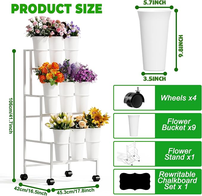 Flower Display Stand with 9 Buckets, 3 Tier Metal Flower Cart Display Stand with Wheels, Flower Bar Stand for Garden Flower Shop Indoor Outdoor Wedding Party Decor, White