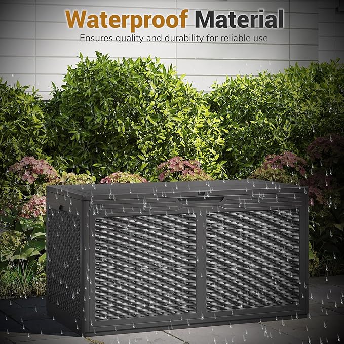 Moccha 100-Gallon Outdoor Storage Box - Waterproof Resin Deck Box with Lockable Lid & Wheels, Faux Rattan Outdoor Storage Bench for Pool Accessories, Garden Tool, Patio Furniture Cushion (Grey)