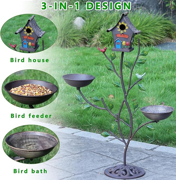 Metal Bird Houses for Outside, Bird Feeder and Bird Bath,3-in-1,Freestanding with Cast Iron Base, Outdoor Garden & Courtyard Decoration