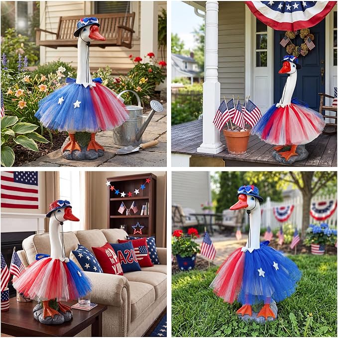 Porch Goose Statue with 4th of July Outfits - 19.5" Garden Resin Goose Decorative Figurine Cute Sculpture Indoor Outdoor Independence Day Decoration for Patio Lawn Yard Balcony Decor