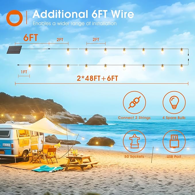 addlon 100FT(2FT) Solar String Lights Outdoor Waterproof with 6W Panel USB Charing & Remote Control Patio Lights Long Last for 20+Hrs Dimmable Solar Power LED Bulbs for Porch Garden Market Bistro