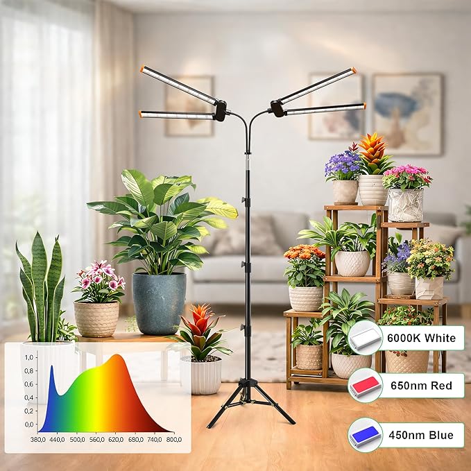 61'' Grow Light Floor Lamp,6000K White Full Spectrum Growing Light for Indoor Tall Large Plants,Half or Full Brightness Dimmable & Auto Timer,Adjustable Height 17-61",
