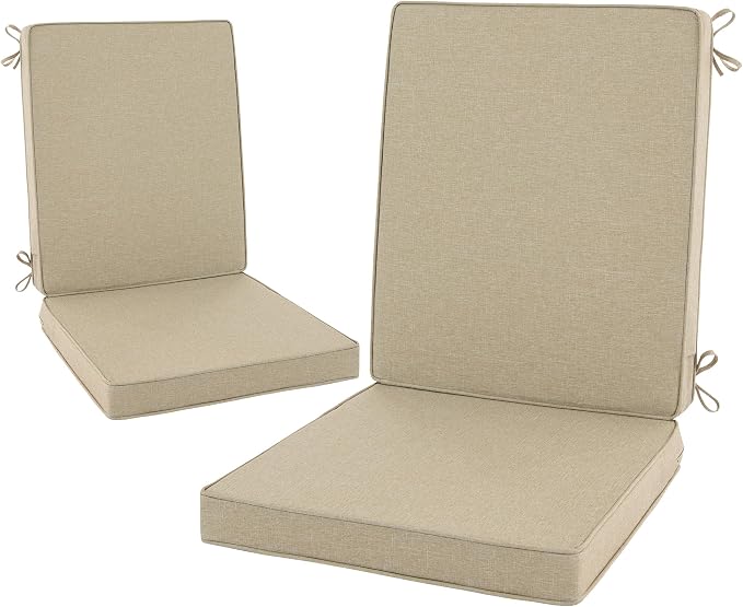 Outdoor Chair Cushions 20x20, Water-Resistant & Fade-Resistant, Patio Furniture Lawn Dining Chair Seat Replacement with High Back, Ties Zipper, Removable Cover, Set of 2, Natural