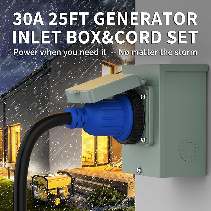 BEBOBLY 30 Amp Power Inlet Box and 25FT Generator Cord, 125V/250V Emergency Power Combo Kit, NEMA 4 Prong Generator Plug, NEMA L14-30P/L14-30R RV Power Extension Cord, Twist Lock