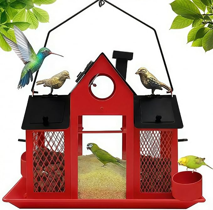 Solar Bird Feeders House for Outside Hanging, Metal Wild Bird Feeder for Outdoors Large Capacity Cardinal Birdfeeder Birdhouses Metal Bird Feeding Station Red