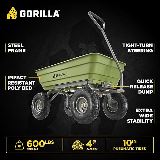 Gorilla Carts Poly Garden Dump Cart, 4 Cu Ft Tub, 600 lb Haul Capacity, Green – Heavy-Duty Utility Wagon with Quick-Release Dumping & Pneumatic Tires for Yard, Landscaping and Gardening