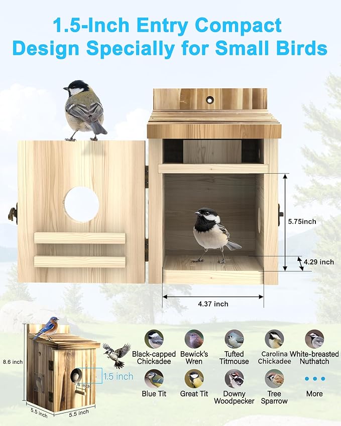 Smart Bird House with Camera for Small Birds Nesting, 2K HD Wi-Fi Bird Watching Cam for Birdhouse, Auto Detect&Notify, Night Vision, APP Control, Wooden Birdhouse with Camera Inside