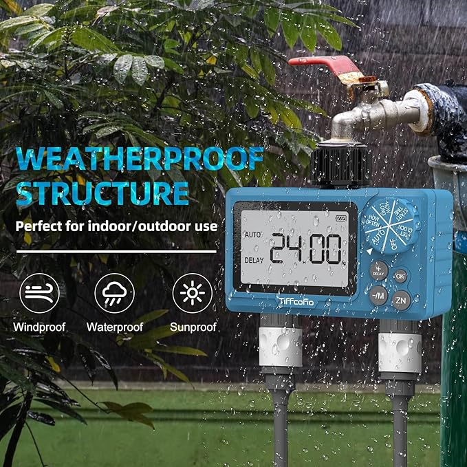 TiFFCOFiO Sprinkler Timer Outdoor, Digital Programmable for Garden Hose, Irrigrtion Timer with Rain Delay and Manual Mode (2 Oulets, 1 Pack)