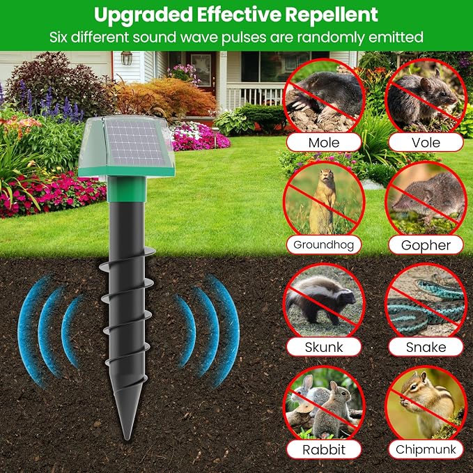 Mole Repellent Screw Solar Powered Gopher Deterrent Stake for Outdoor Lawns with Electic Vibration, Repels Snake Vole Groundhog Armadillo from Yard and Garden (4 Pack)