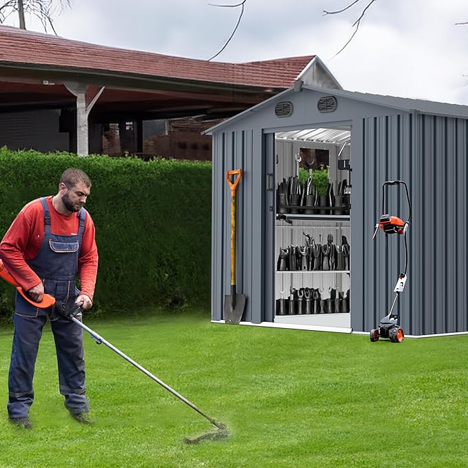 YOPTO 8x10 FT Outdoor Storage Shed,Large Metal Tool Sheds with Window and Lockable Doors, Garden Shed for Backyard Patio Lawn, Dark Grey