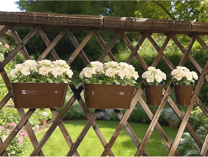 Set of 6 Balcony Hanging Planters, 2 Pcs 17" Metal Railing Flower Pots & 2 Pcs 12" Deck Planter & 2 Pcs 4" Fence Pot for Outdoor Patio Garden Décor, Chocolate