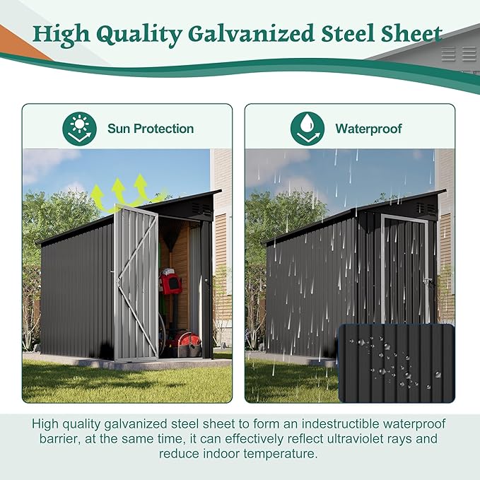 YOPTO 4×8 FT Lean to Metal Shed,Outdoor Heavy-Duty Storage Shed with Floor Base,All Weather Waterproof Garden Tool House W/Lockable Door&2 Air Vent,Reversible Door Design,for Backyard,Patio,Lawn,Black
