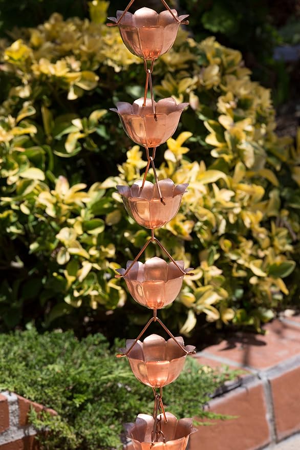 Monarch Rain Chains Pure Copper Lotus Cup Rain Chains for Gutters – 3 ft Extension Decorative Rainchain Outdoor Durable Heavy Duty Gutter Chain Downspout Replacement, Modern Rainchains for Outside