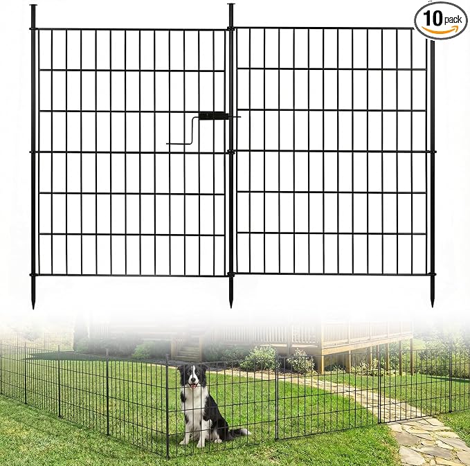 10 Panels No Dig Decorative Outdoor Garden Fence with Gate, 40in (H) x 23.6ft (L) Rustproof Metal Wire Rabbit Dog Garden Border Fencing for Yard, Animal Barrier with Ground Stakes for Patio