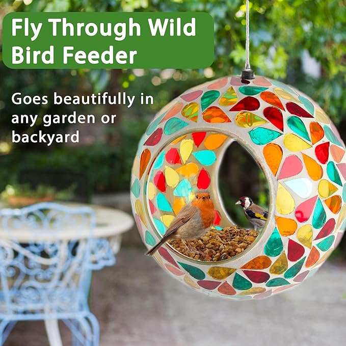 Lily's Home Hanging Outdoor Fly Through Wild Bird Feeder, an Excellent Addition to Any Garden, Mosaic. 5.5 Inches Diameter - Multi Color Droplets