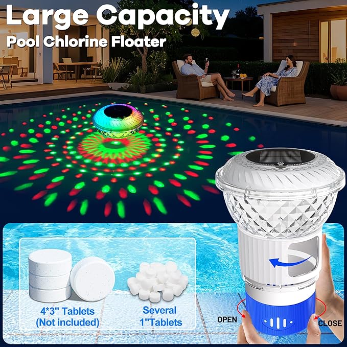 LanSuper 2025 Upgrade Pool Chlorine Floater, Chlorine Floaters with Marquee Light, Button Control Floating chlorines Dispenser for Pools,Adjustable Flow Chlorines Floaters,Pools Chlorinator-Blue