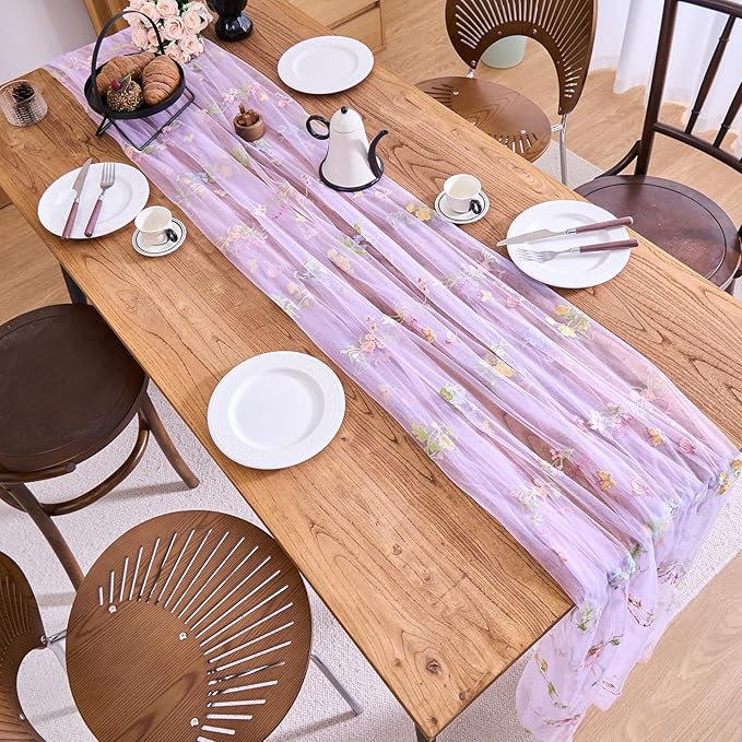 vctops 2 Packs Embroidery Lace Spring Table Runner 10ft Floral Garden Seasonal Tulle Table Runner Holiday Kitchen Dining Table Decoration for Wedding Party Baby Shower Birthday (Purple,30"x120")