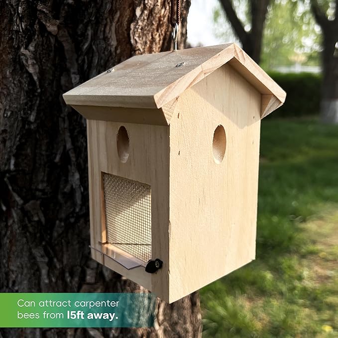 Carpenter Bee Traps for Outside, Piched Roof Nature Hanging Wood Boring Bee Trap for Outdoor Insect Trap (2 PCS)
